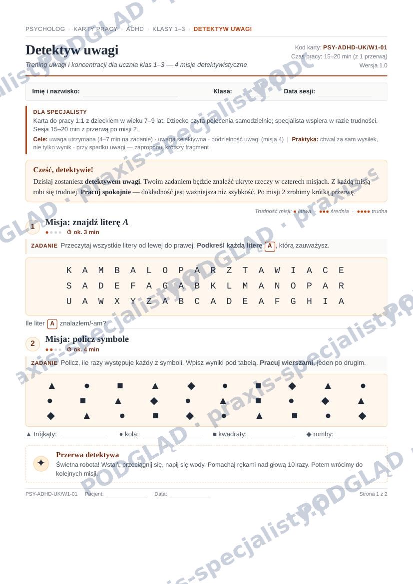 Pakiet ADHD — karta pracy (klasy 1–3)